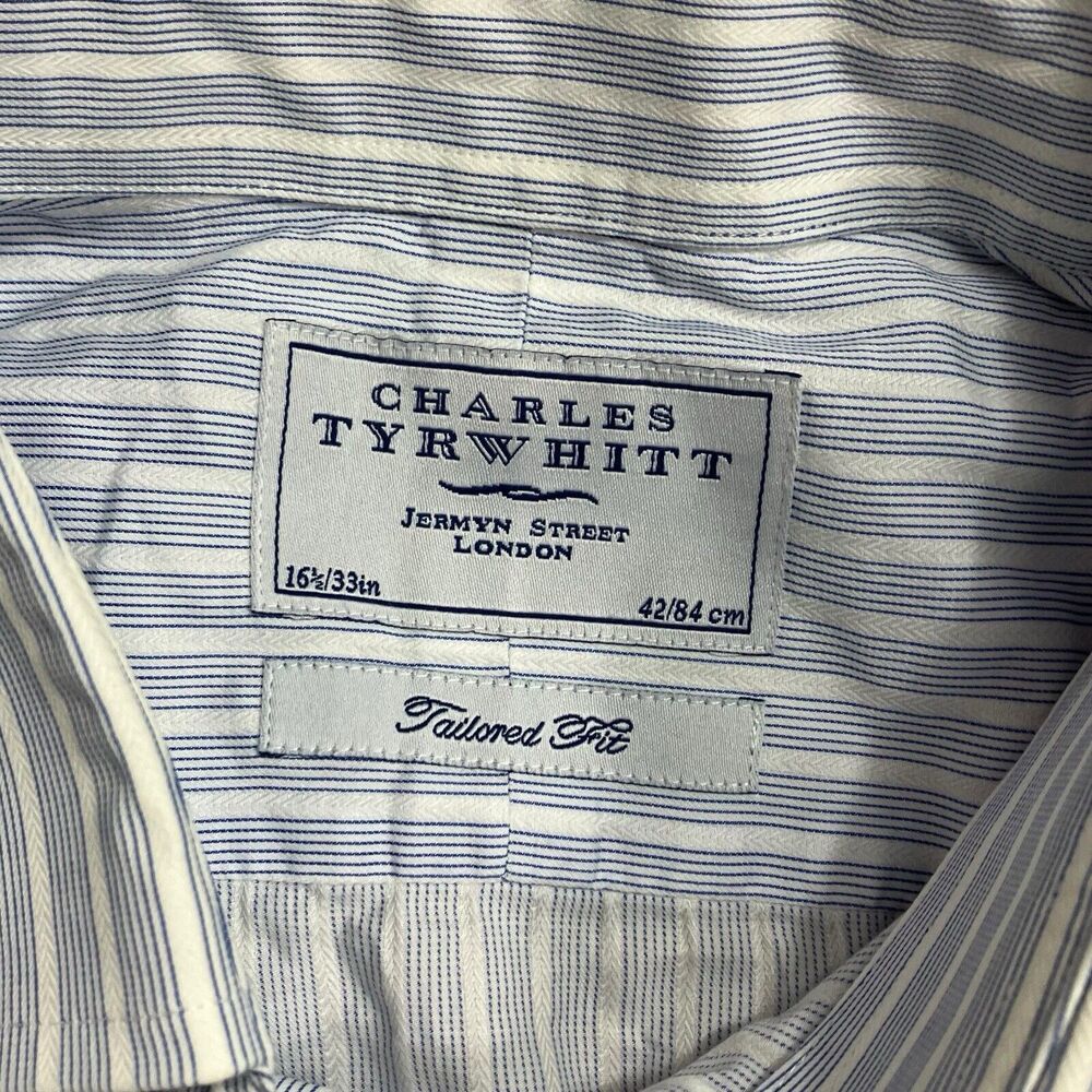 Charles Tyrwhitt Shirt Mens 16.5/33 Blue Stripe Button Up Tailored Fit - Picture 3 of 8